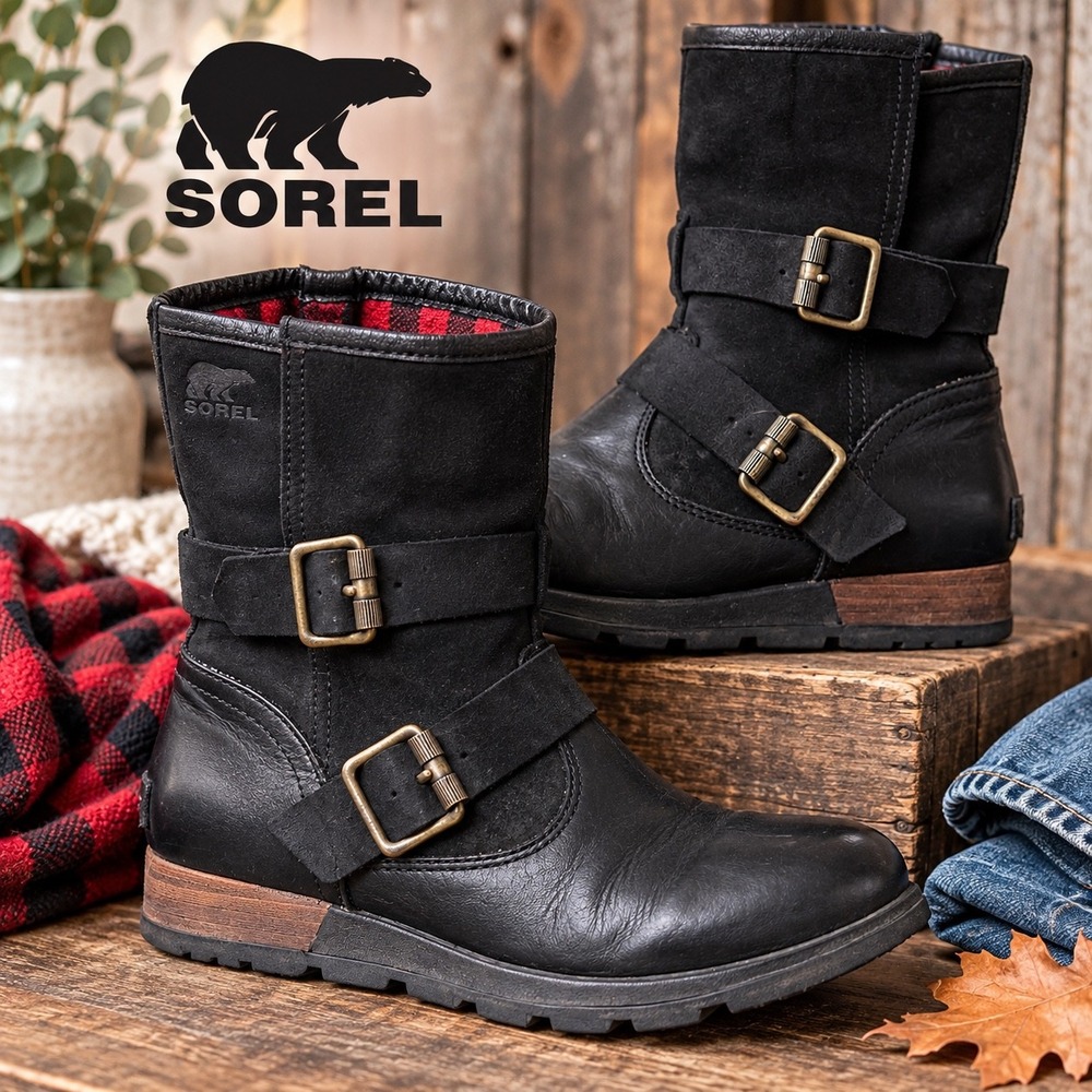 Sorel Major Moto Black Leather Suede Plaid Lined Buckle Boots Women's Size 6